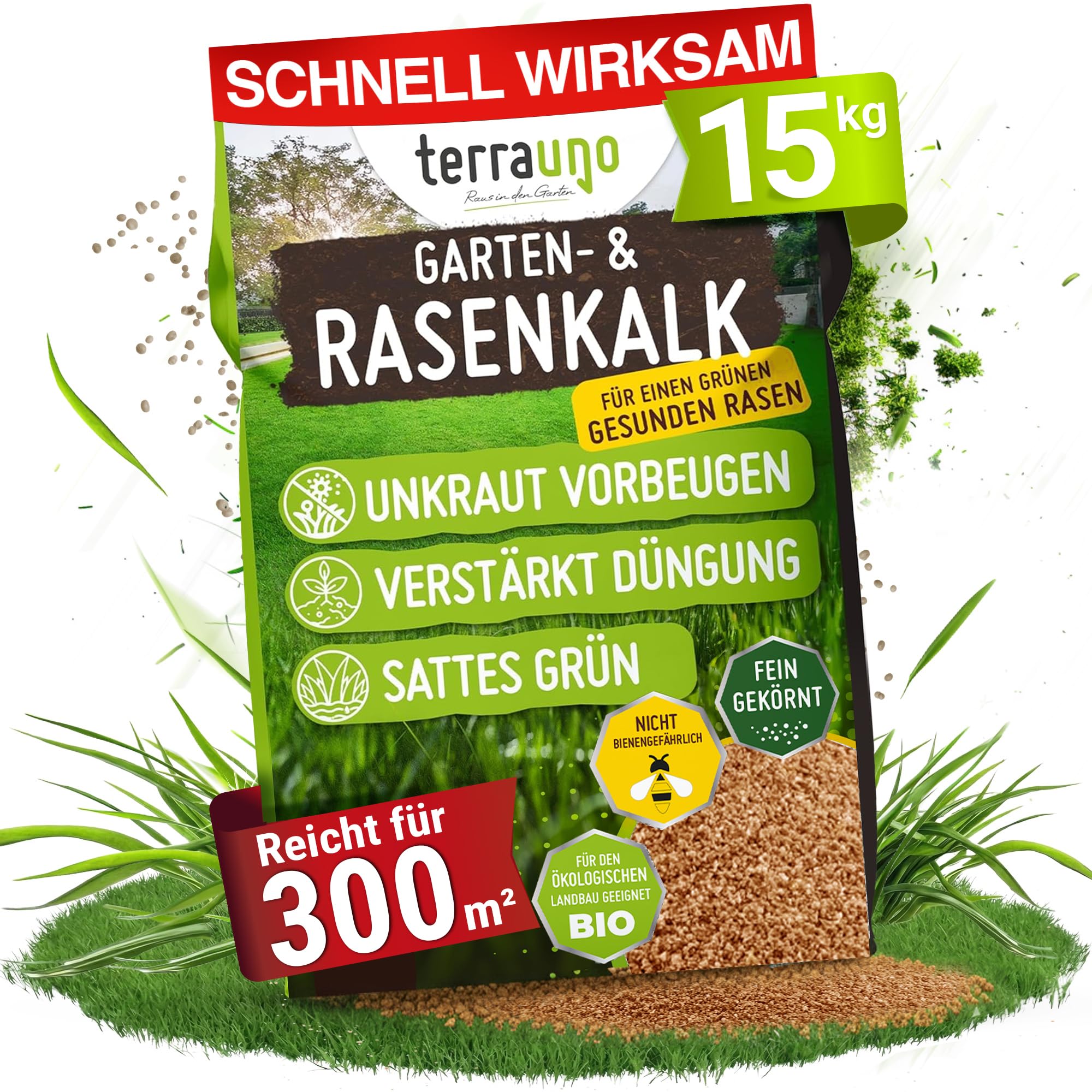 TerraUno Rasenkalk Frühjahr & Herbst, bei Moos und Unkraut im Rasen, verstärkt die Düngung, verbessert pH-Wert & Bodenstruktur, 15 kg für 300 m², extra fein, ideal für Streuwagen, tierfreundlich