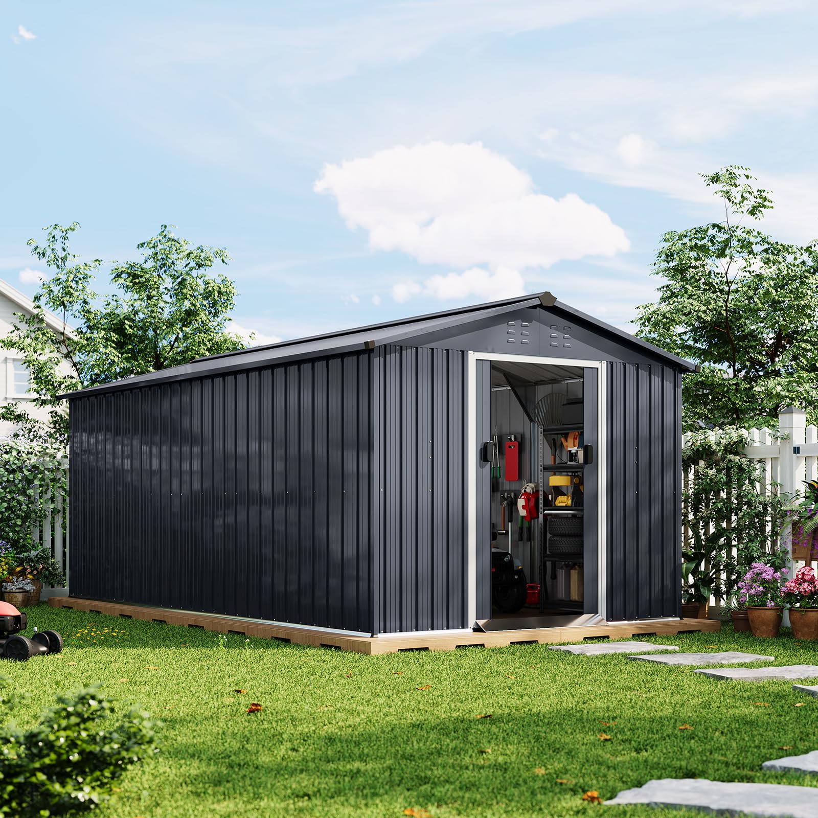 Photo 1 of Garvee 8x15 ft Storage Shed, Galvanized Steel Metal Outdoor Shed with Sloping Roof, Lockable Doors & Air Vents, Ideal for Backyard, Garden, Patio, Lawn, Dark Grey