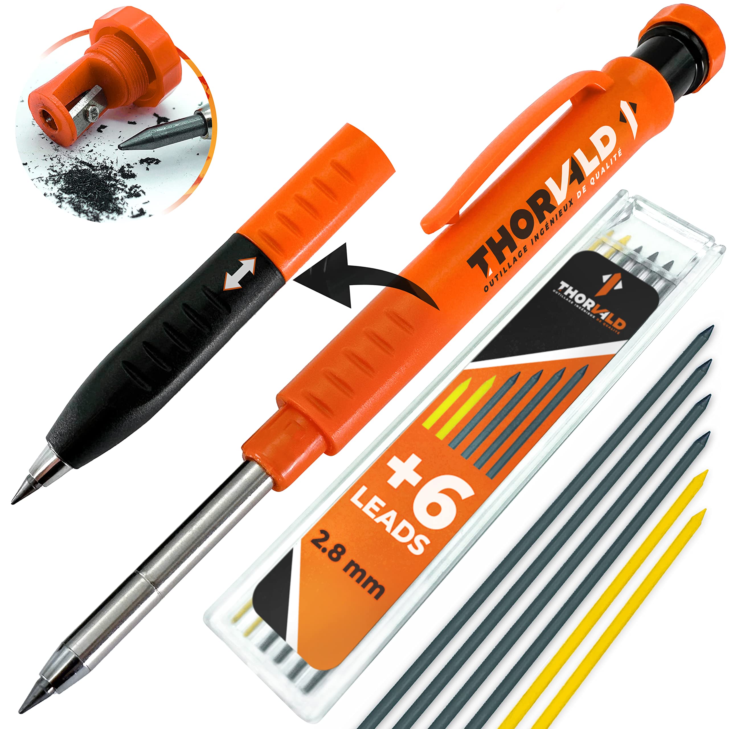 THORVALD Pro Carpenters Pencil Set [+ 7 Leads + Lead Sharpener + Easy-Write Grip] For Carpenter Handyman DIY for Drawing Writing Tracing on Wood Metal Concrete Tile