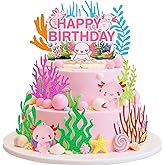 Pink Axolotl Cake Topper Cute Axolotl Birthday Decorations Ocean Axolotl Figurine Cake Decorations Seagrass Cake Toppers Under the Sea Happy Birthday Party Supplies