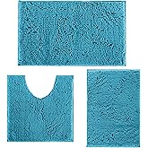 RUN HELIX Teal Blue Bathroom Rugs Bath Mats for Chenillen Rug Set 3 Piece Non-Slip Mats, Absorbent Shaggy Rugs, Machine Wash, Perfect Plush Carpets Set, 16〞x24〞&20〞x32〞&20〞x20〞U Shape
