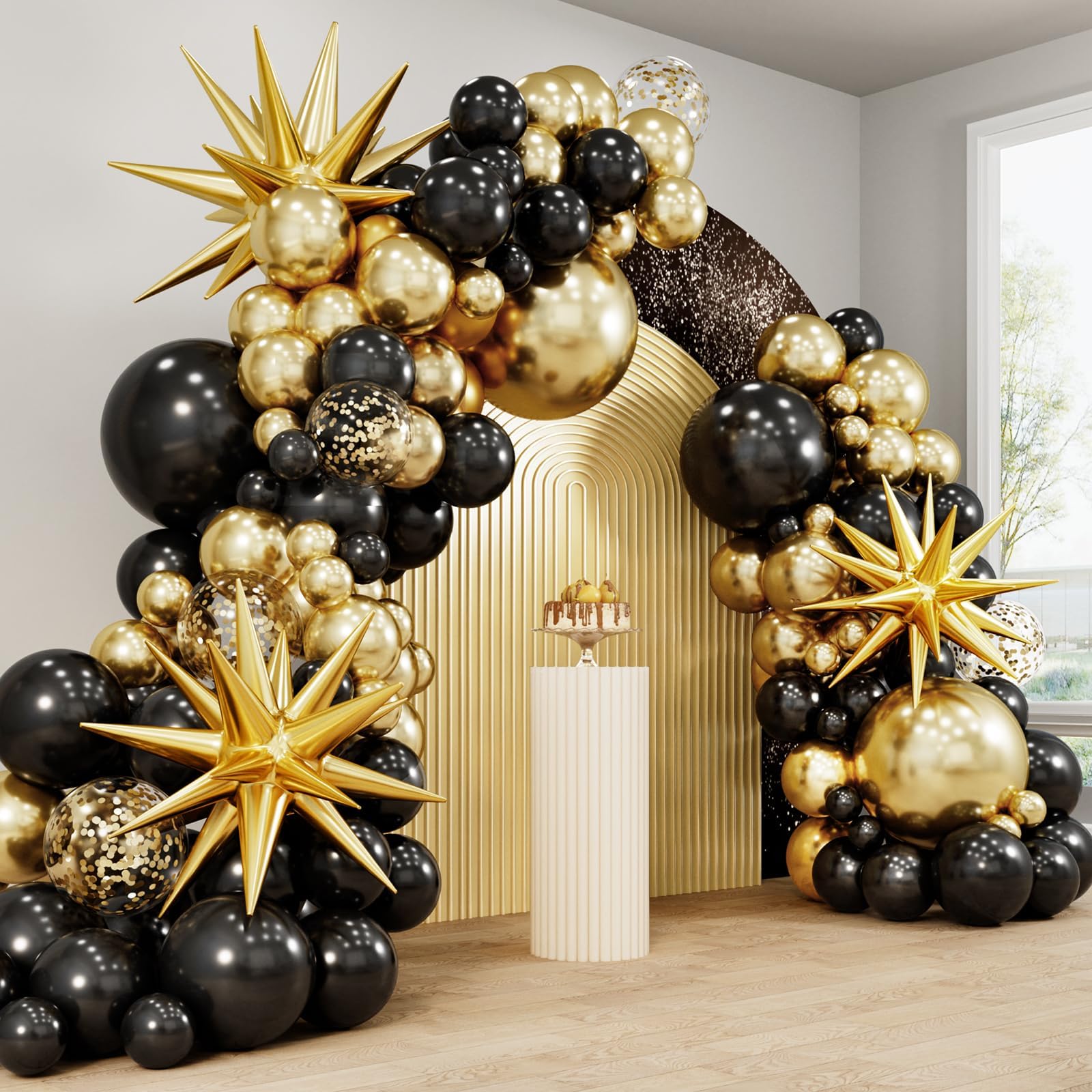 Black Gold Balloon Arch Kit,104Pcs Black and Gold Balloons Arch Garland Kit with 5/10/18 Inch Gold Black Balloons for Birthday Party Decoration,Graduation,Wedding,Anniversary,Retirement,New Year