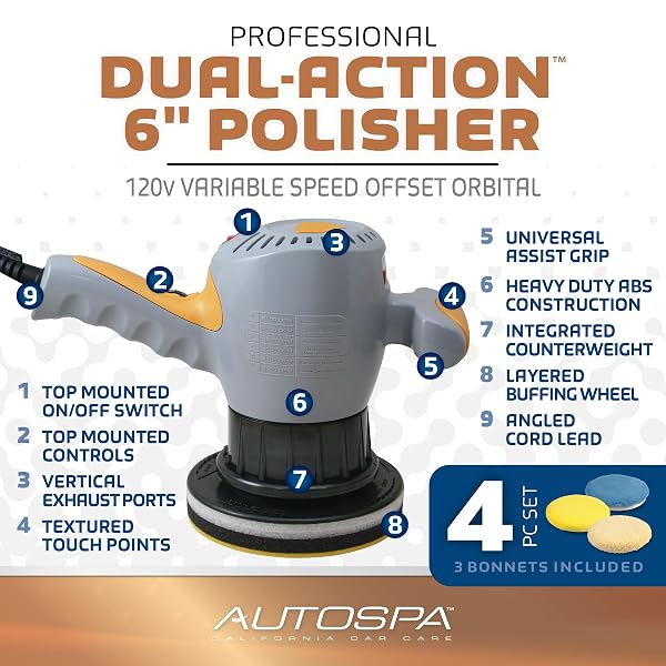 AUTOSPA 94009AS DUAL SPEED 6″ PROFESSIONAL POLISHER WITH 3 BONUS BONNETS