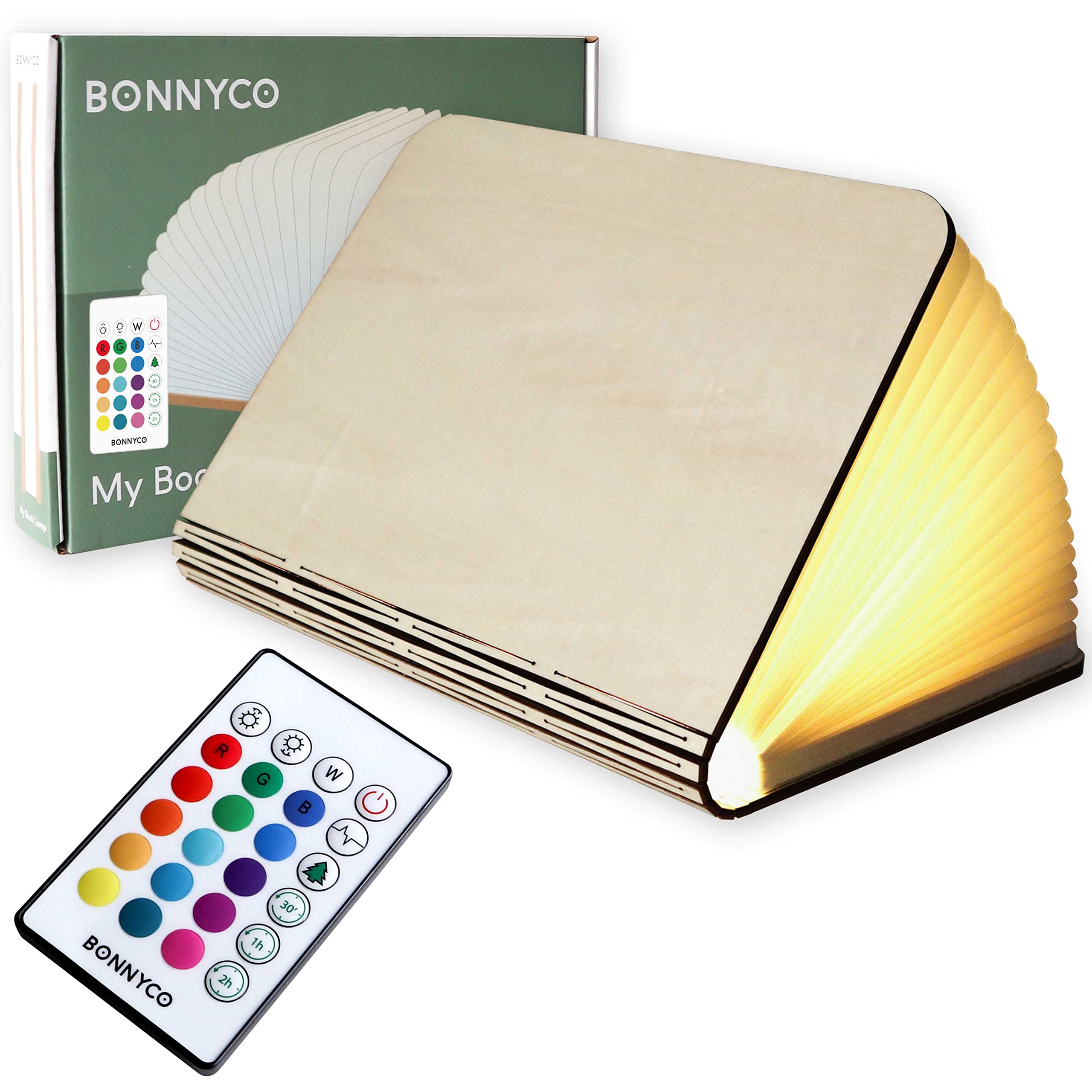 BONNYCO Led Book Light Wooden Folding Lamp with Remote Control, 16 Colours and Timer. Table Book Lamp Night Light Perfect for Home, Office, Room Decor. Christmas, Birthday Gifts for Women and Men