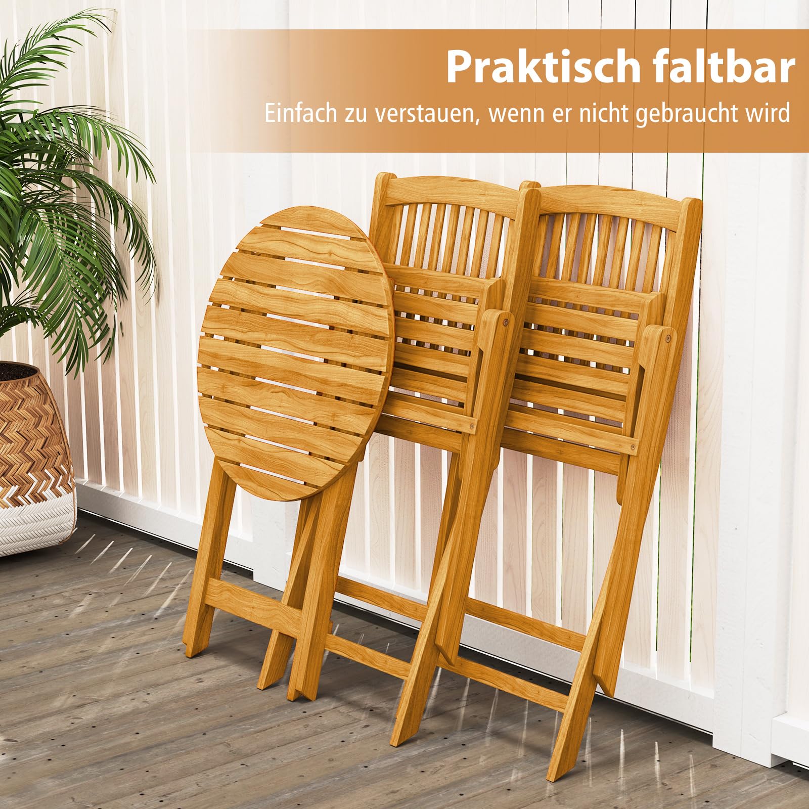 COSTWAY 3tlg. Balkonmöbel Set, Bistrotisch mit 2 Stühlen, klappbares Balkonset aus Akazienholz mit 2 Kissen, Bistroset, Gartengarnitur, Gartenmöbel, Sitzgarnitur, Sitzgruppe für Garten, Balkon (Beige) 4