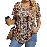 IN'VOLAND Womens Plus Size Tunic Top Summer Short Sleeve T-Shirt V-neck Button Up Dressy Blouse Casual Pleated Pullover 1X-5X