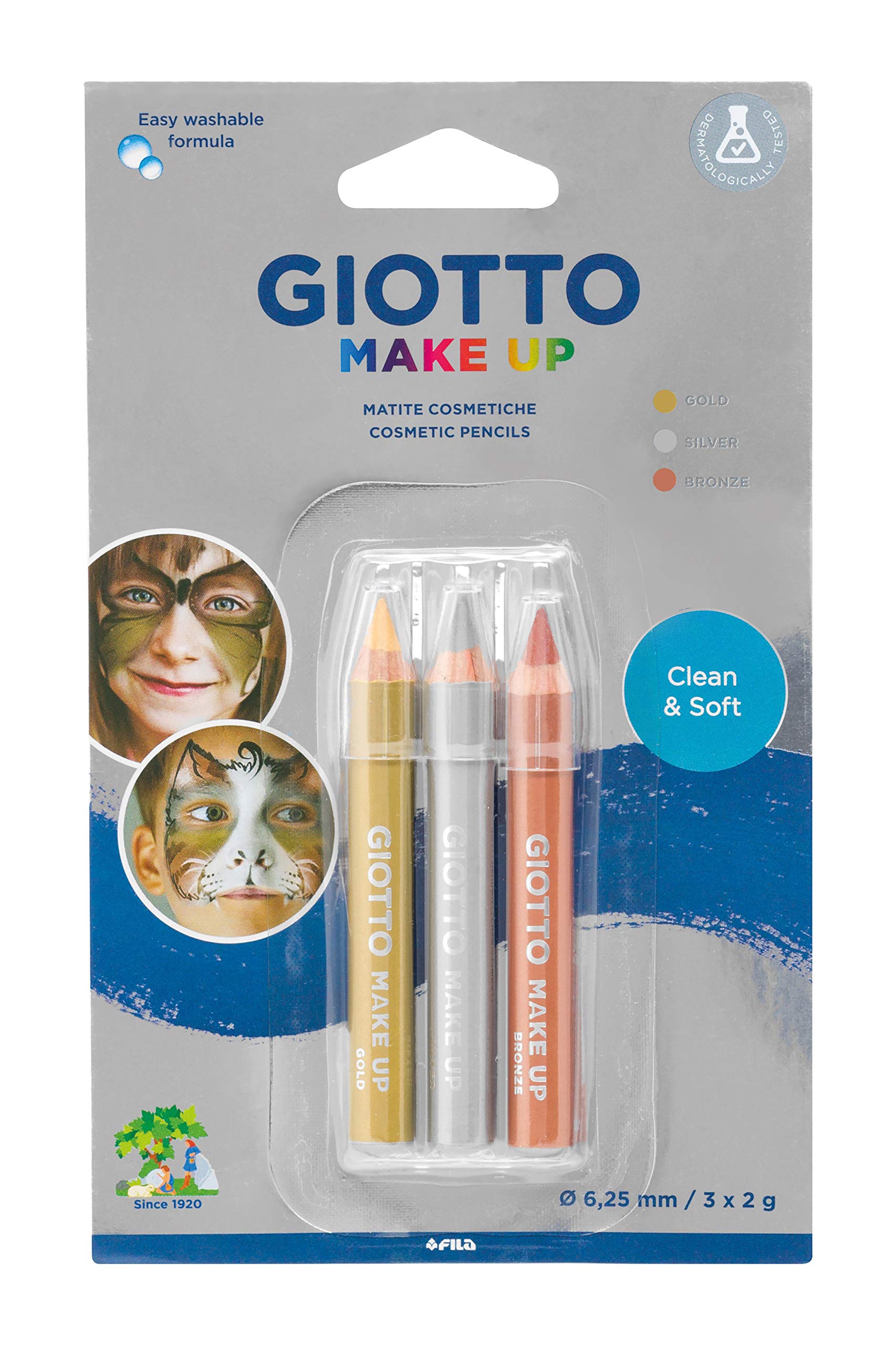 GIOTTO Metallic Soft Make-Up Cosmetic Pencils, Easy Washable Formula, 3 Assorted Colours, For Children and Parties