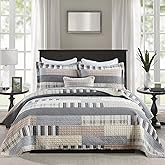 PANGUSHAN Quilt Set King Size, 100% Cotton Quilt Bedding Set Bedspreads, Patchwork Plaid Farmhouse Reversible Lightweight Comforter Bed Spread for King Bed, Gray/Brown, 3 Pieces