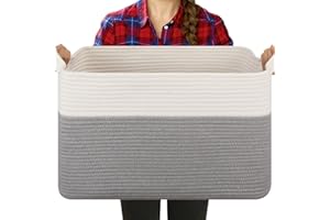 OIASKET Blanket Basket for Living Room, Cotton Rope Basket for Storage, Toy Baskets Bin for kids, Woven Baskets with Handles for Clothes, Towels, Pillows, 20" x 16" x 12", Grey and White