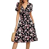 WEACZZY Women's Summer Short Sleeve Casual Dresses V-Neck Floral Party Dress with Pockets