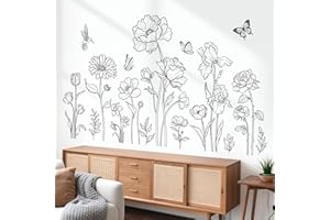 decalmile Large Black Boho Flower Wall Decals Simple Sketch Floral Wildflower Butterfly Wall Stickers Bedroom Living Room Sof