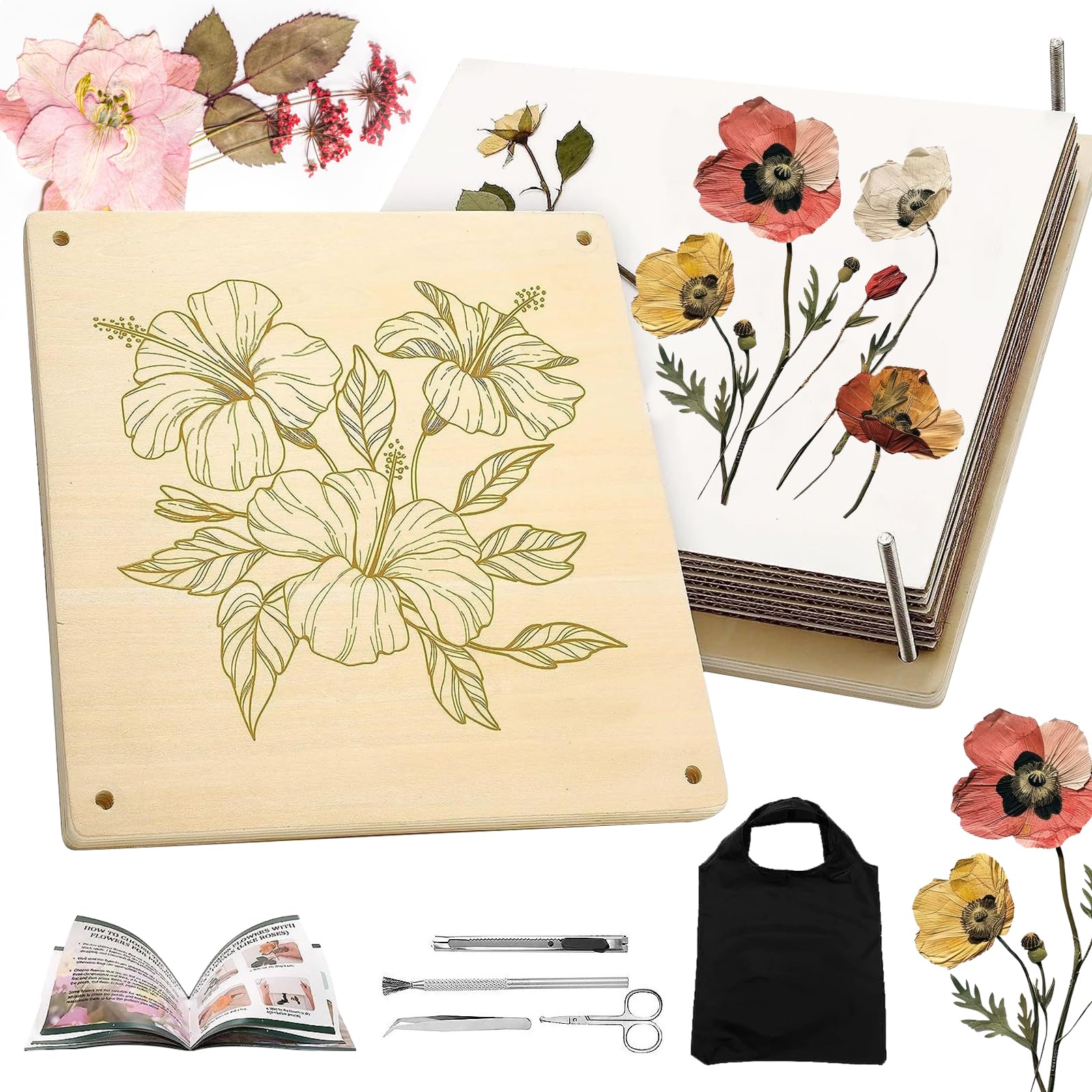 Tatqilo Extra Large Flower Press for Adults, 10.8 x 10.8 in (27.5x27.5cm) 10 Layers Wooden Flower Pressing Kit, DIY Arts and Craft Kit, Storage Bag and Tool, Gift for Flowers & Art Lovers