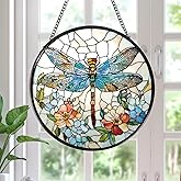Rngmsi Dragonfly and Flower Stained Glass Window Hanging Gifts, 7.8″ Sun Catchers for Indoor Window Decor, Decorative Sun Catchers Home Wall Art Gift for Thanksgiving Christmas Housewarming