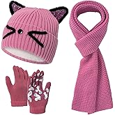 Cutecrop 3 Pcs Winter Hat Gloves Scarf Set for Kids Girls Toddler Children Winter Cat Beanie, Glove, Scarf for 7-12 Age(Pink)