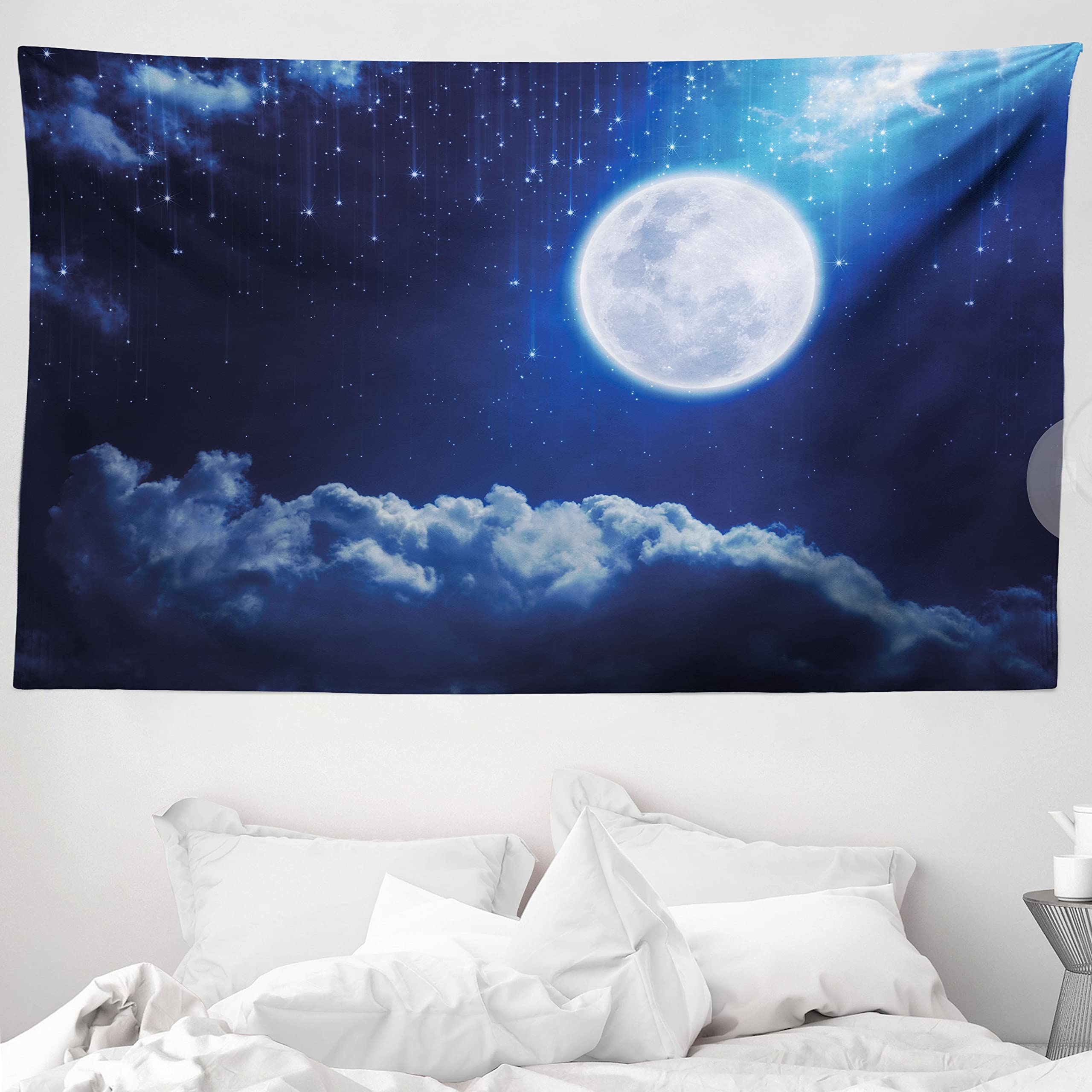 ABAKUHAUS Moon Tapestry, Full Moon Mysterious Falling Stars Heavens Lovely Clouds Elements of Universe, Fabric Wall Hanging Decor for Bedroom Living Room Dorm, 90 W X 54 L, Indigo Blue White