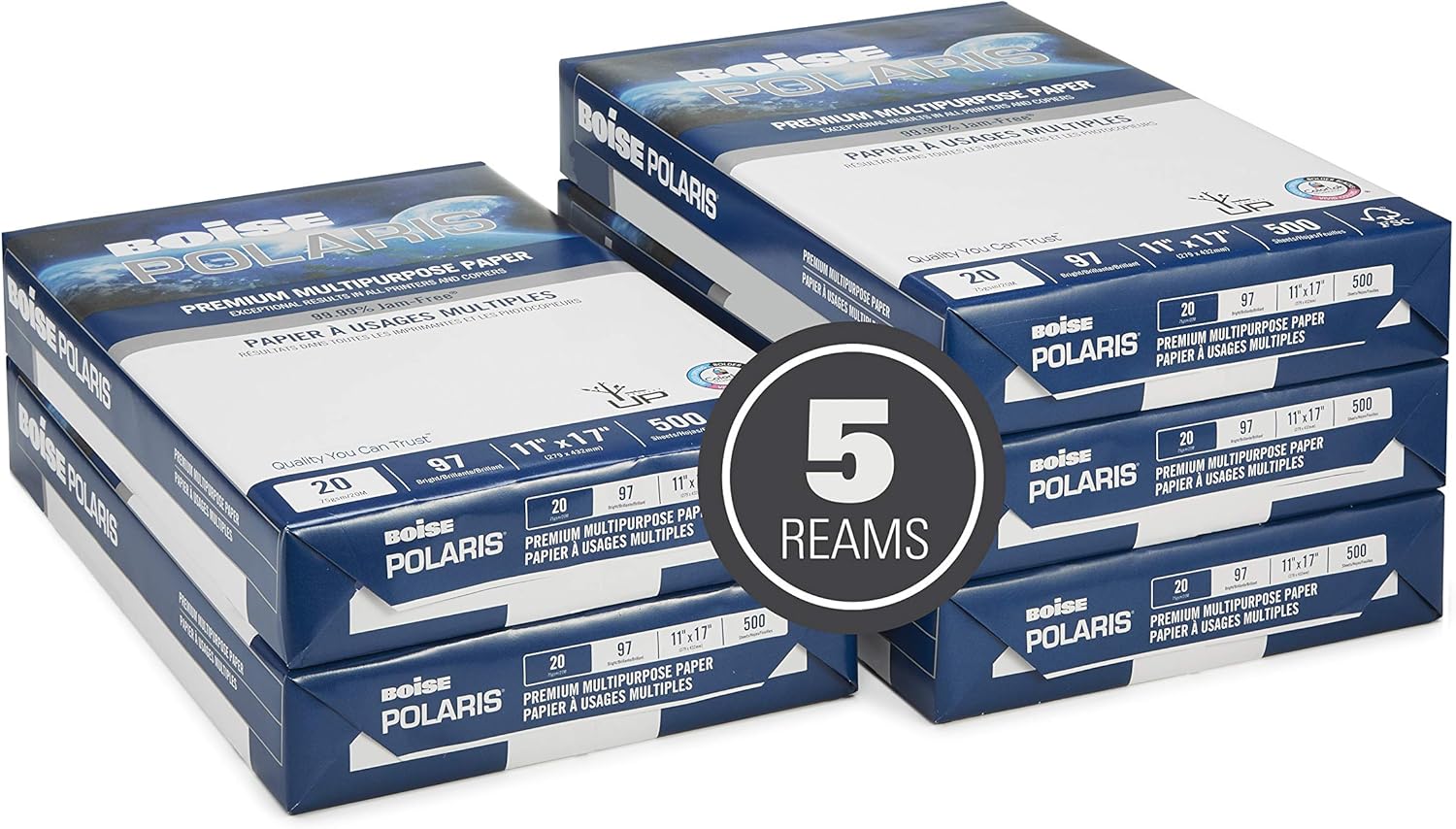 BOISE POLARIS Premium Multipurpose Copy Paper, 8.5" x 11" Letter, 97 Bright White, 20 lb., 10 Ream Carton (5, 000 Sheets) : Multipurpose Paper : Office Products