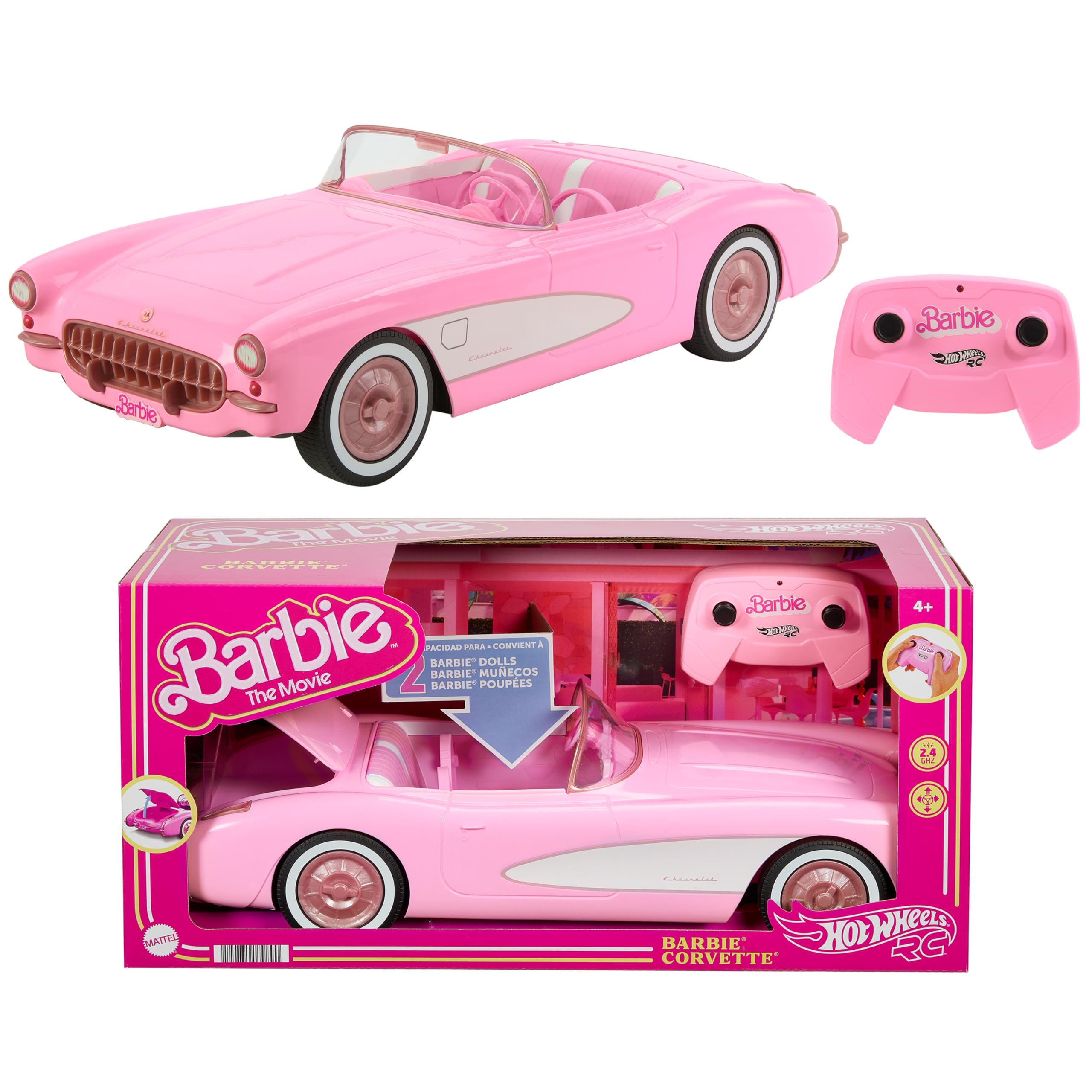 Hot Wheels Ferngesteuertes Auto, R/C Barbie Corvette - ferngesteuertes Fahrzeug, 1956 Corvette Stingray, 2,4 GHz Frequenz, bis zu 8 km/h, Platz für 2 Barbie-Puppen, HPW40