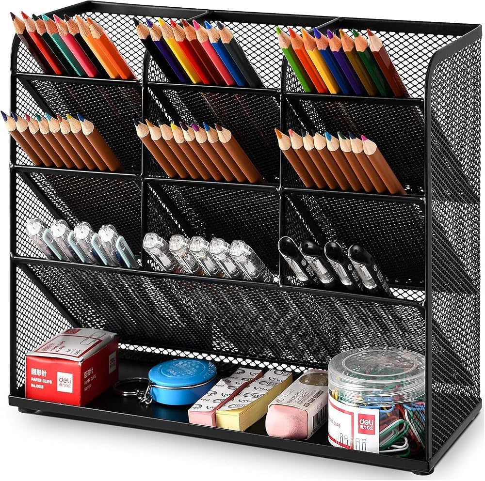Marbrasse Mesh Desk Organiser Black 9 Compartments Pen Holder Rack