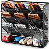 Marbrasse Mesh Desk Organiser Black 9 Compartments Pen Holder Rack