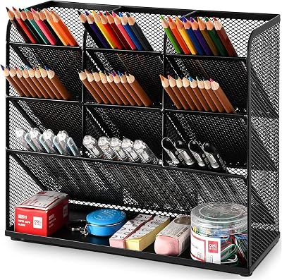Marbrasse Mesh Desk Organiser Black 9 Compartments Pen Holder Rack