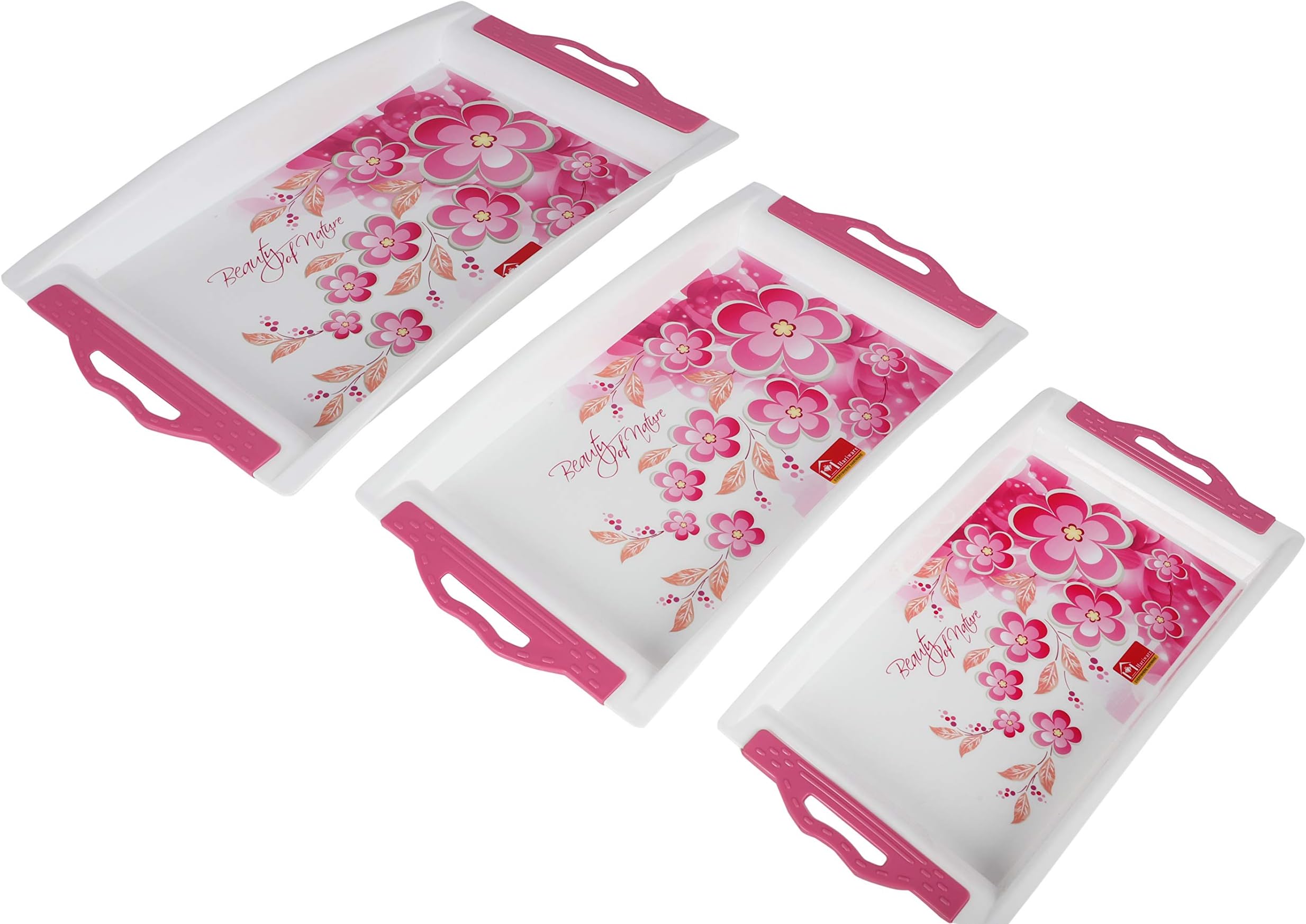 Shri Hari Plastoware Plastic Tray Set, 3-Piece, White & Pink