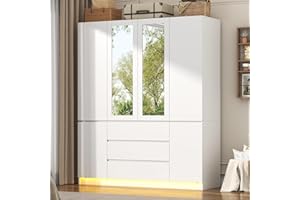 jiteentarou 4 Doors Armoire Wardrobe Closet with 3 Drawers & Mirror, Modern Wooden Bedroom Armoires with Hanging Rod Led Lights for Bedroom, White