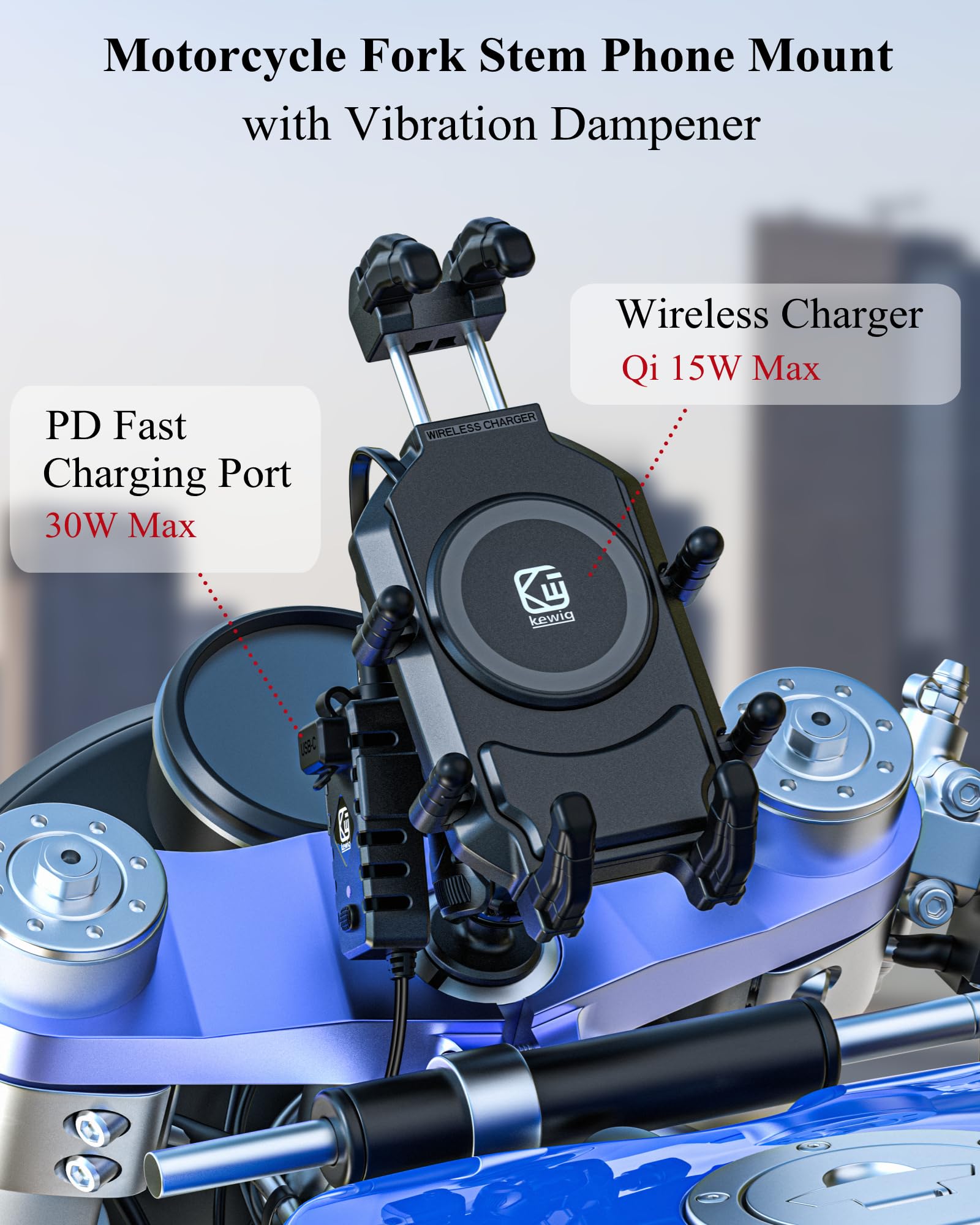 BRCOVAN Motorcycle Fork Stem Phone Mount with Qi 15W Wireless Charger & 36W PD/USB-C Fast Charging Port, Anti-Theft Motorcycle Phone Holder with Vibration Dampener for 5.4''-7.2'' Cellphones