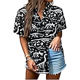 UNIQUEONE Dinosaur Shirt Women Cute Dinosaur Graphic Tees Hawaiian Dino Button up Tops