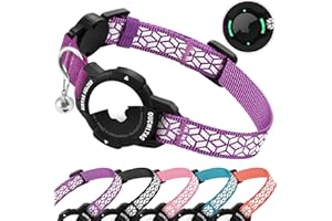 OUCWLTAG AirTag Cat Collar Breakaway, Reflective GPS Cat Collar with Luminous Apple Air Tag Holder, Cat Tracker Collars with Safety Elastic Band for Girl Boy Cats, Kittens and Puppies 7-10 Inch Purple