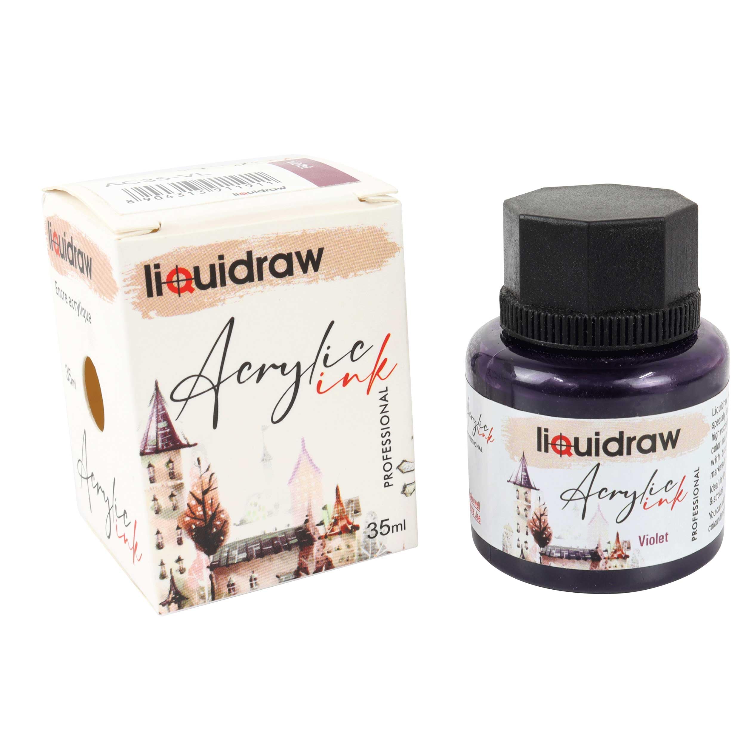 Liquidraw Acrylic Inks for Artists 20 Colours Black White Available Waterproof Ink 35ml Professional for Painting, Drawing, Paints, Art, Brushes, Paper, Board, Canvas, Fabric & Wood (Violet)
