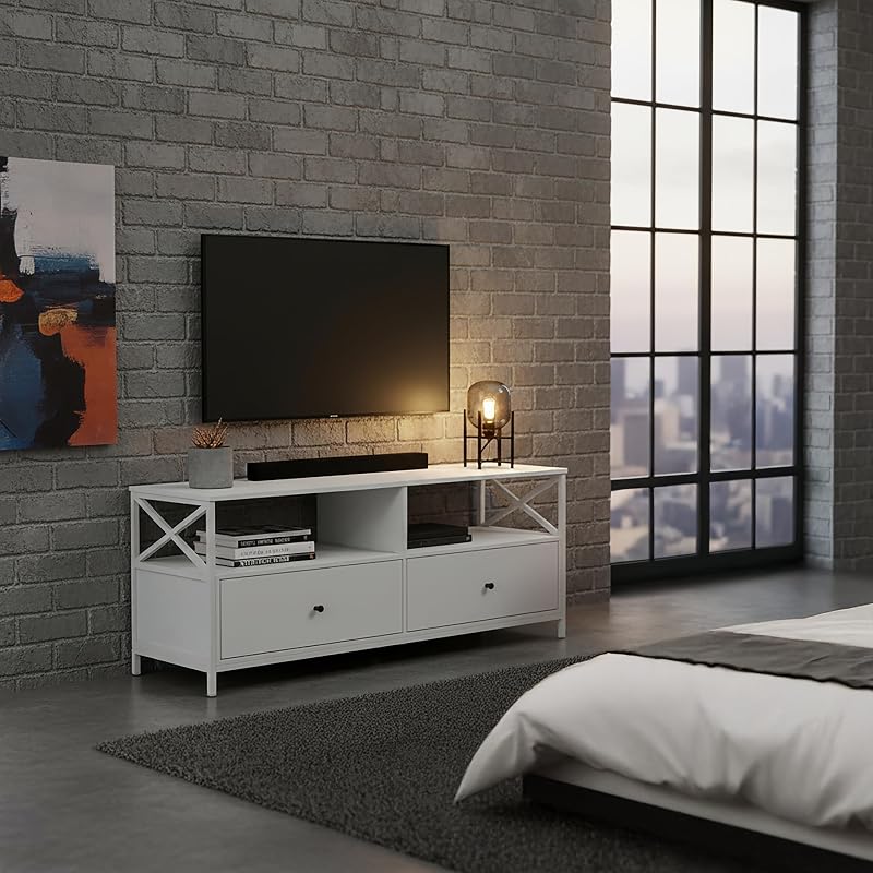 Mueble TV, 2 Huecos y 2 cajones, para TV hasta 55", 50 x 120 x 40 cm, Blanco