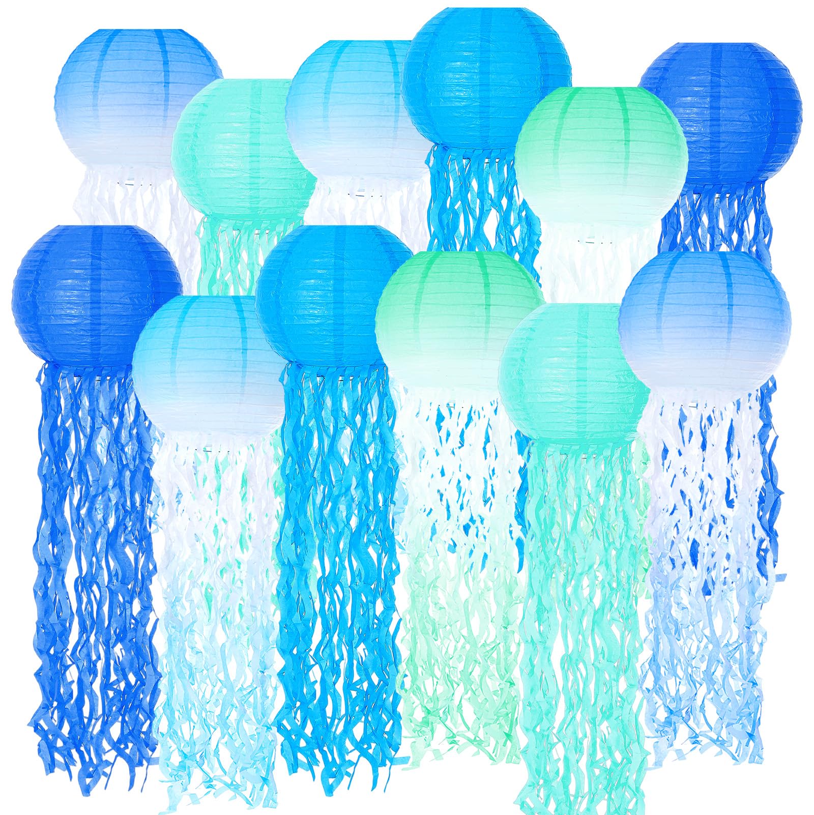 Photo 1 of 12 Pcs Jellyfish Paper Lanterns Hanging Decorations, Ocean Theme Party Supplies with Multi-Color Jellyfish Lantern Hanging Decoration for Mermaid Birthday Under The Sea Baby Shower Decor