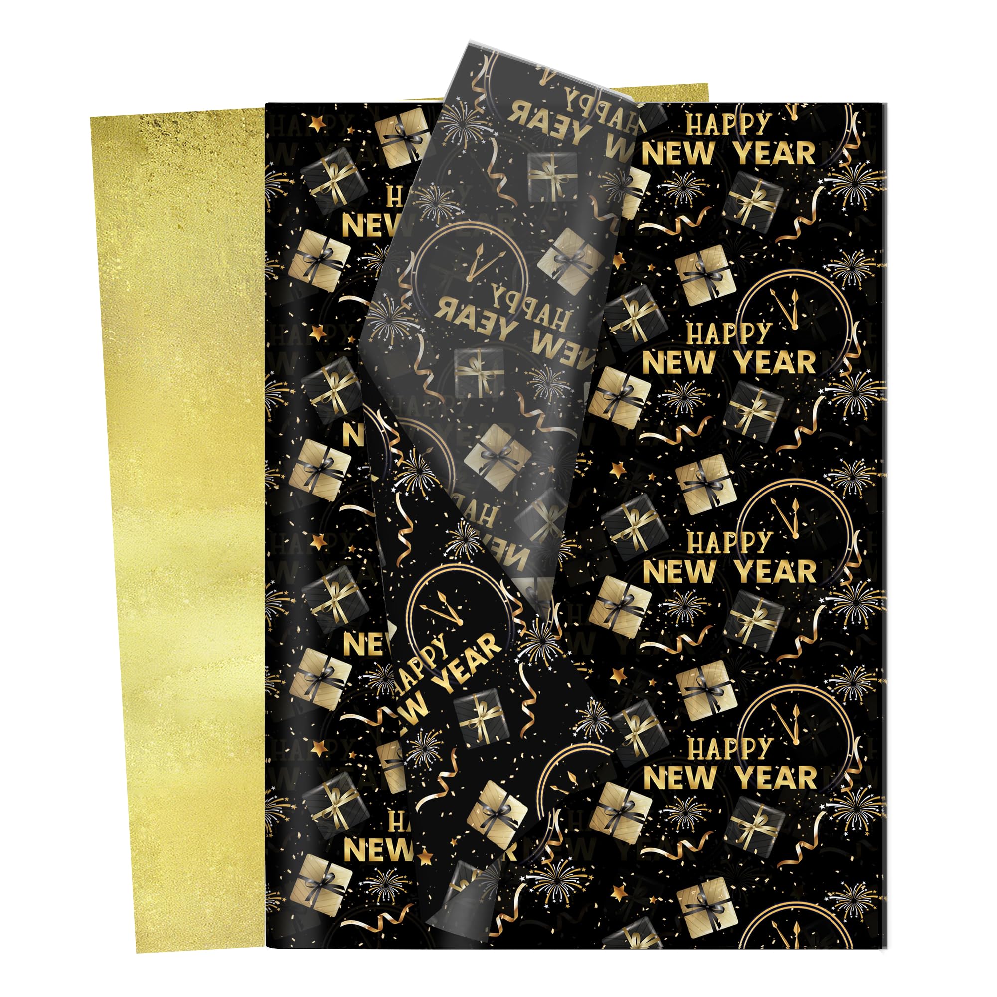 Photo 1 of 100 Sheets Happy New Year Theme Tissue Paper - Black Gold Gift Wrap Paper, Fireworks & Clock Patterns for DIY Craft Arts, New Year 2026 Celebrations & Party Decor Supplies, 14x20 Inches, 2 Designs