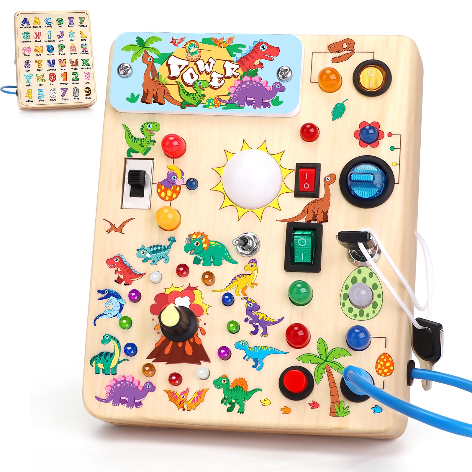 Montessori Dinosaur Toddler Busy Board - Wooden Switch Toy with 10 Switches & 23 LED Lights for 1-3 Year Old Boys & Girls
