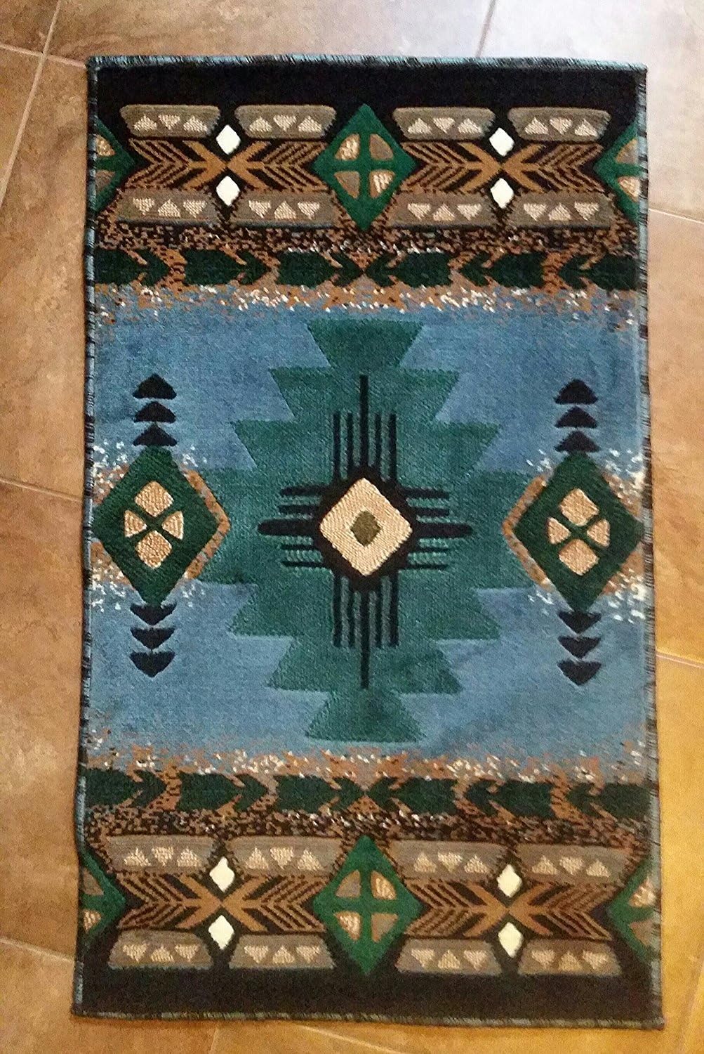 Southwestern Native American Carpet Area Rug Geometric Light Blue Green Design #CR71 (24 Inch X 40 Inch Mat)