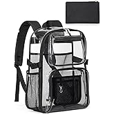 Flowston Clear Backpack Heavy Duty, Large TPU Clear Bookbag for Boys Girls Adult, See Through Transparent Back Pack with Multiple Pockets for College Work Casual Security,Black