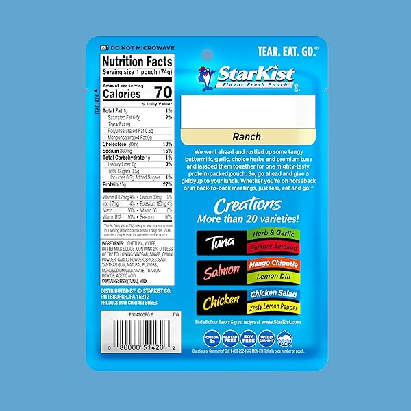 STARKIST TUNA CREATIONS RANCH POUCH (2.6 OZ – 1 PACK) WILD CAUGHT, HIGH PROTEIN SHELF STABLE SEAFOOD, GLUTEN FREE, SOY FREE, NO DRAINING, READY TO EAT FOR SALADS AND SANDWICHES