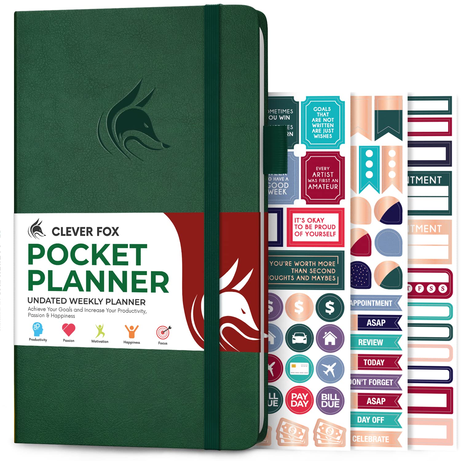 Clever Fox Pocket Planner Weekly – Undated Monthly Goal Planner and Calendar, Perfect for Purse, 10x17.5cm (Forest Green)