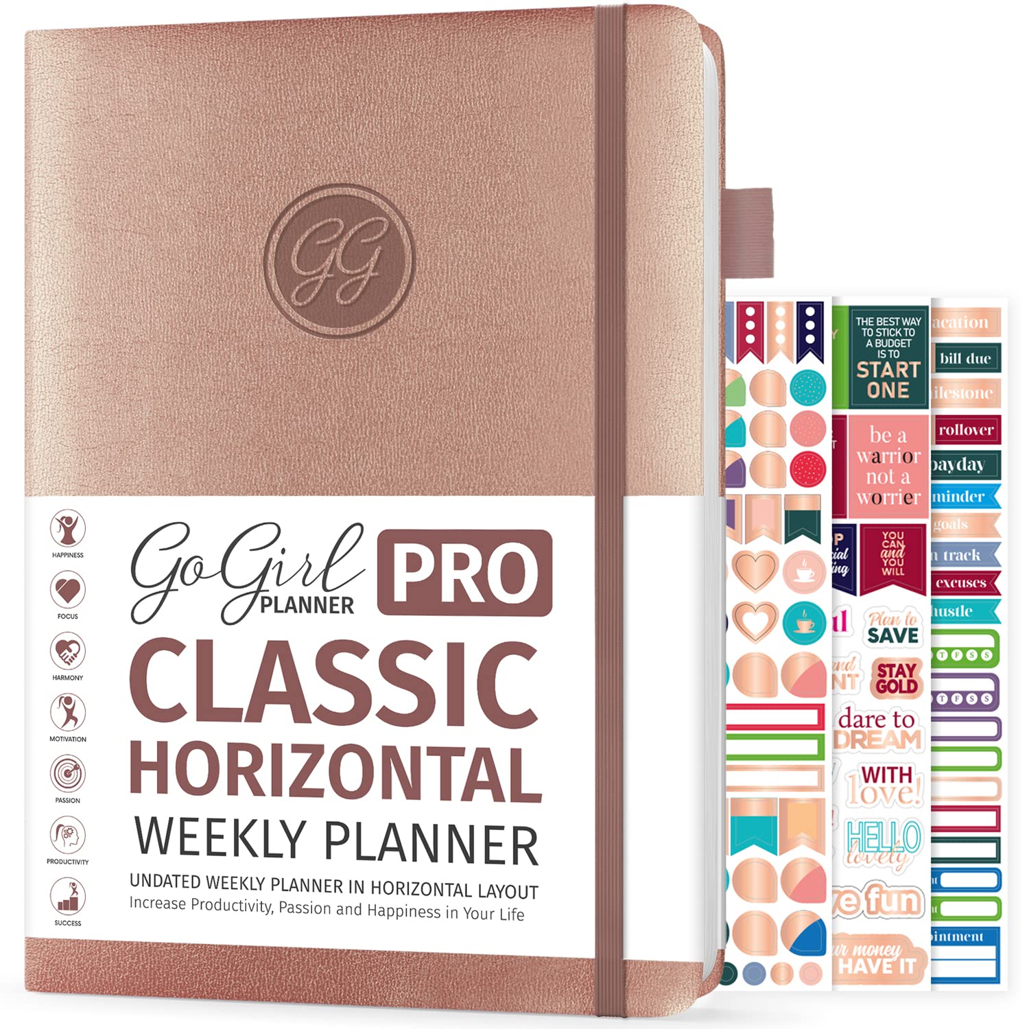 GoGirl Planner PRO - Undated Horizontal Layout Weekly Planner and Organizer + Budgeting and Expense Tracking Pages, Goals Journal & Agenda, 18 x 25.5cm, Hardcover, Lasts 1 Year - Rose Gold