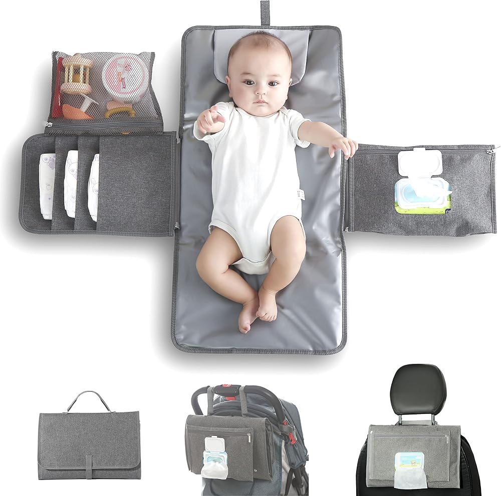 JanYoo Baby Portable Changing Pad with Wipes Pocket Solid Gray