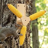 LemonRoad Squirrel Feeder, Wooden Spinner Corn Cob Holder 3 Ears Outside | For Outdoor Yard &amp; Garden, Fun Spinning Design, Natural Wood with Waterproof Finish, Attracts Squirrels &amp; Chipmunks, No Corns