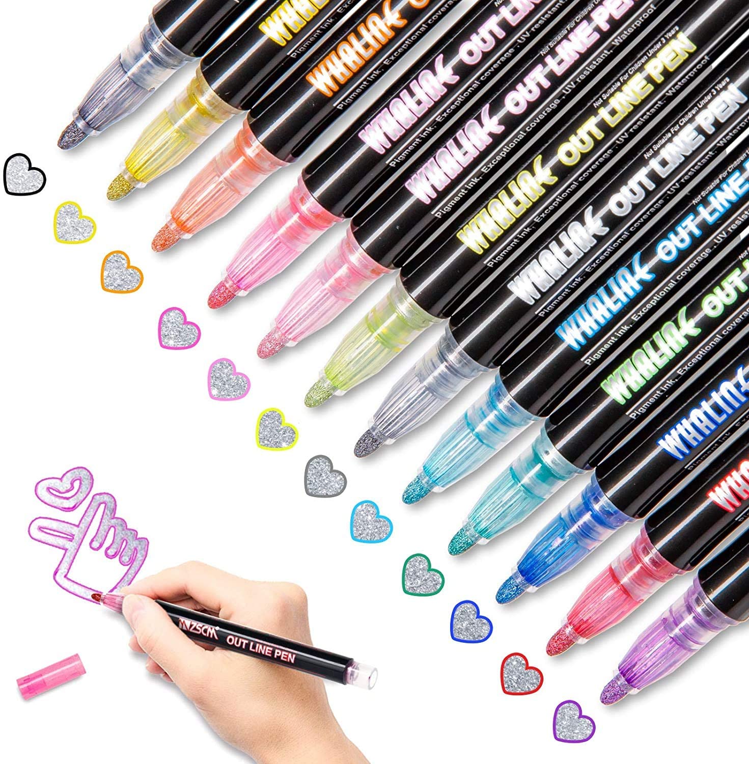Whaline Double Line Outline Pens, 12 Colours Metallic Markers Glitter Writing Drawing Doodle Pens for Christmas Card Writing, Birthday Greeting, Scrap Booking, DIY Art Crafts