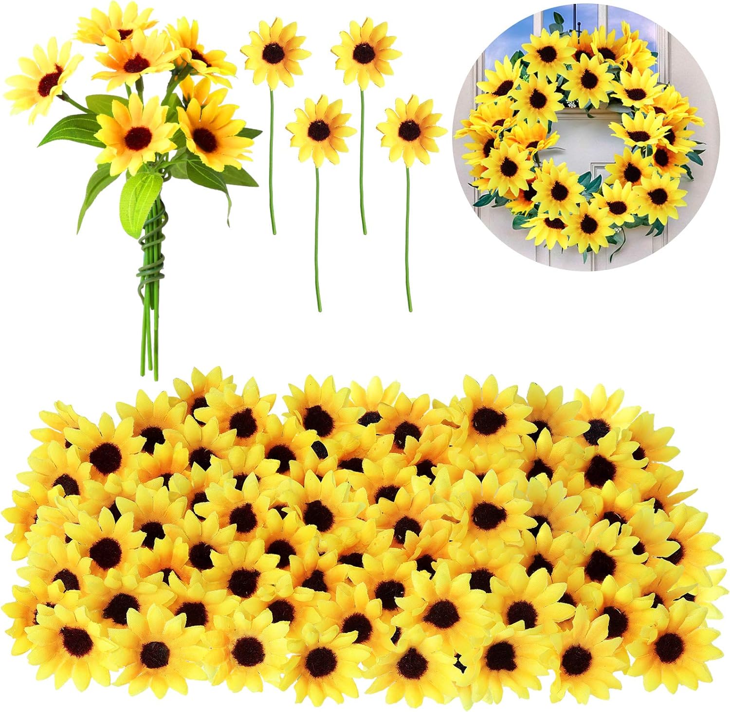 Luinabio 50 Pieces Mini Artificial Sunflower Heads with Iron Wire for