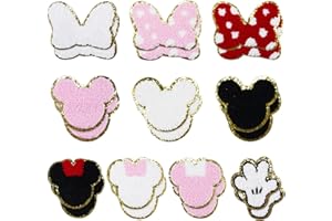 ZXVSKR 20Pcs Mouse Themed Patch, Pink Mouse Chenille Patches Gold Edges Bowknot Iron On Patch for Bags Hat DIY Clothing Repair