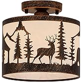 Rustic Semi Flush Mount Ceiling Light with Shade, Black Metal Farmhouse Fixture with Deer and Bear Silhouettes, Wildlife Fore