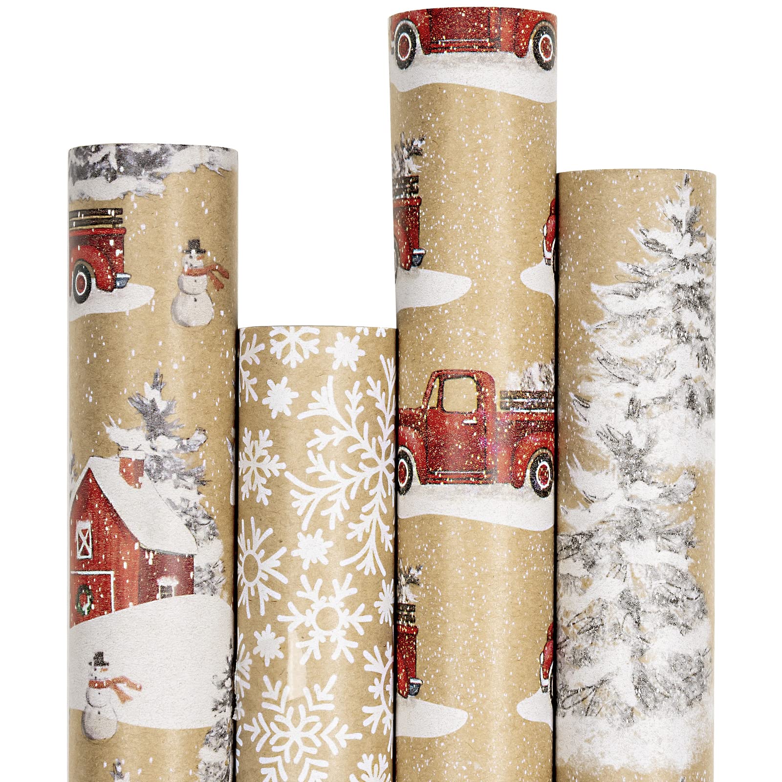 Photo 1 of RUSPEPA Christmas Wrapping Paper, Kraft Paper - Snowflake, Snowman, Red Truck and Christmas Tree - 4 Rolls - 30 inches x 10 feet per Roll