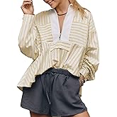 RIATOUR Women's Half Zip Striped Shirt Casual Ruffled Long Sleeve Oversized Loose Blouse Tops