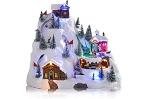 VCUTEKA Christmas Village Collectible Building, Snowy Mountain with Ski Slopes and Revolving Train Lighted Musical Village Addition to Your Christmas Indoor Decor