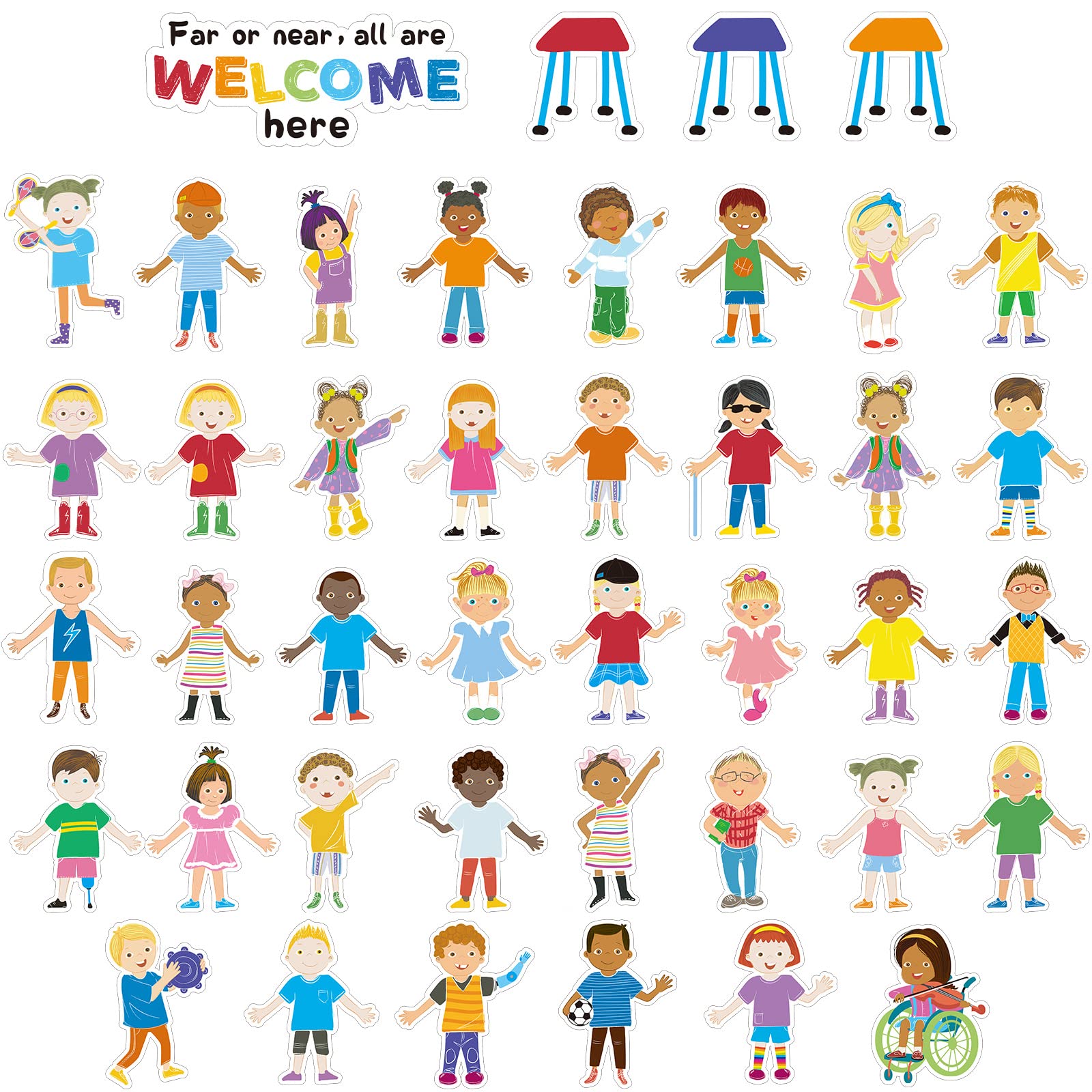 Photo 1 of 46 Pcs All are Welcome Students Diversity Cutouts Diversity Bulletin Board Decorations Kids Accents Diverse Students Inclusive Cutouts for Back to School Classroom Preschool Decor Party Supplies