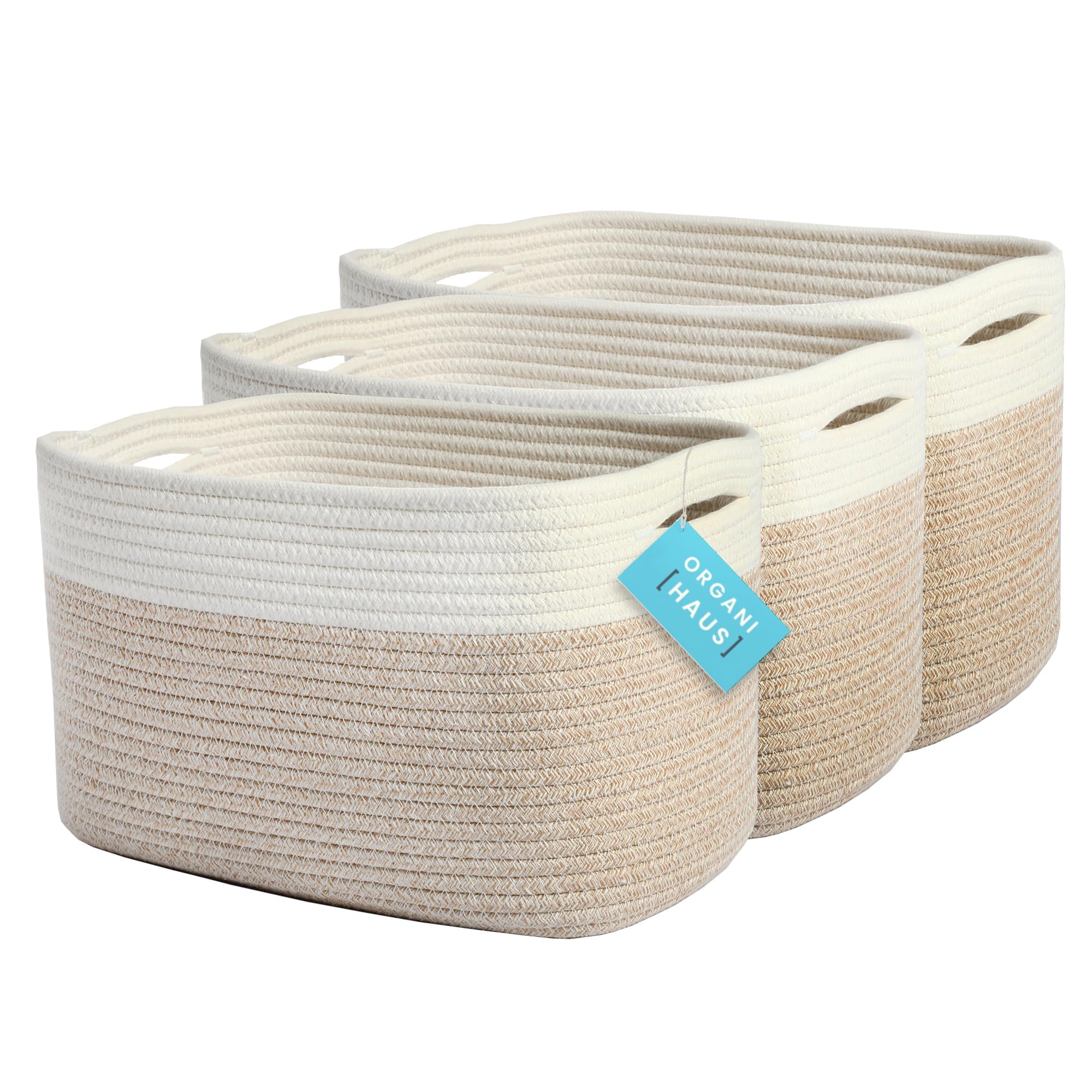 Photo 1 of OrganiHaus Set of 3 Woven Storage Baskets for Organizing, Cotton Rope Organizer Bins for Shelves, Closet & Nursery, Dog Toy Basket, Decorative Bins for Toys, Towels & Books - 15x10x9, Light Honey